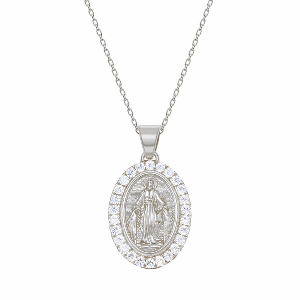 Sakrami Collana Donna Ragazza Argento 925 con Madonna Miracolosa e Zirconi – Ciondolo Ovale Luminoso, Scatola Personalizzabile – Idea Regalo per Comunione, Cresima, Compleanno