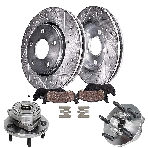 Image of Detroit Axle - Front Brake Kit for 5 Lug Ford Taurus Mercury Sable | Drilled & Slotted Brake Rotors Wheel Bearing Hubs Ceramic Brake Pads Replacement