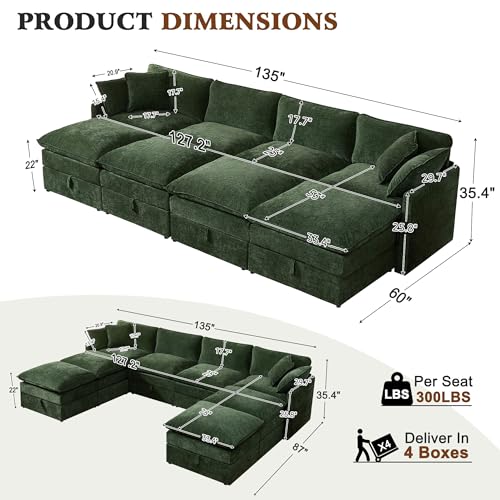 Image of Ihanherry 135 inch Oversized Sectional Sofa Bed with Storage, 8-Seater Modular Cloud Couch with Movable Ottomans, Chenille Deep Seat Sleeper Couches for Living Room (Green)