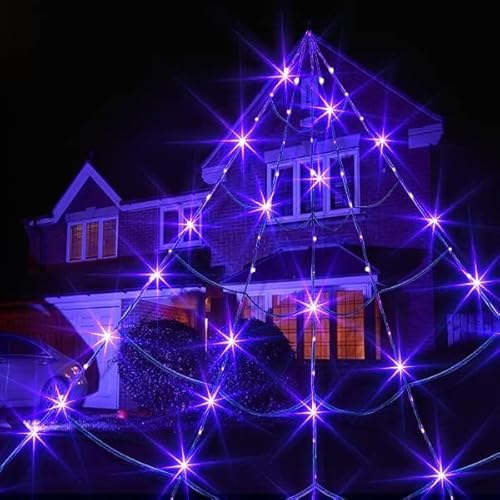 Eambrite Halloween Decorations Giant Spider Web with Purple Lights Light up Black Spiderweb Mains Powered Halloween Outdoor Lights Waterproof for Garden Yard Décor (5m/16ft)