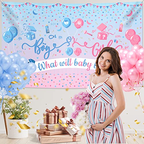 Image of Gender Reveal Decorations - Blue Pink Backdrop for Baby Gender Reveal Party Supplies | Boy or Girl Gender Reveal Banner Baby Shower Decorations What Will Baby Be Photography Photo Backgroud
