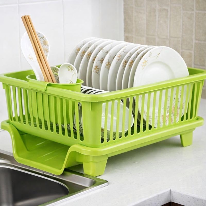 Plastic Dish Drainer Rack with Drip Tray, Green, Kitchen Organizer, Utensil Holder (2)