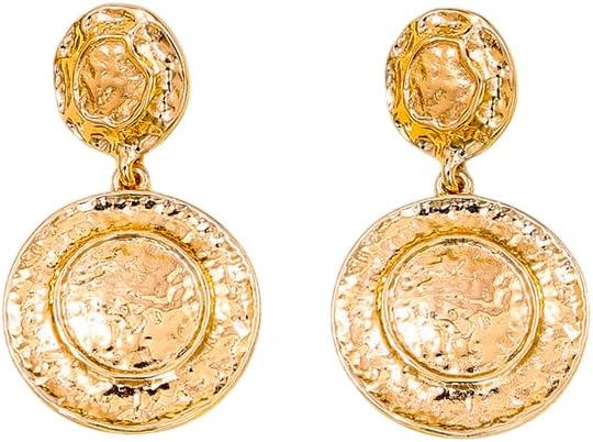 Vintage 18K Gold Plated Textured Coin Drop Earrings – Boho Statement Dangle Earrings for Women, Retro Hammered Disc Design