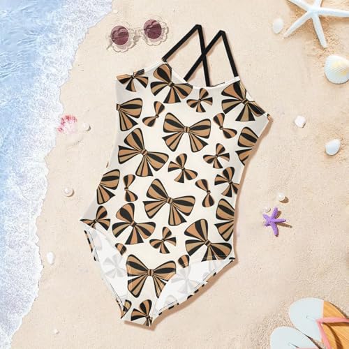 Black Bow Pattern Girls One Piece Swimsuits Summer Quick Dry Beach Bathing Suit3
