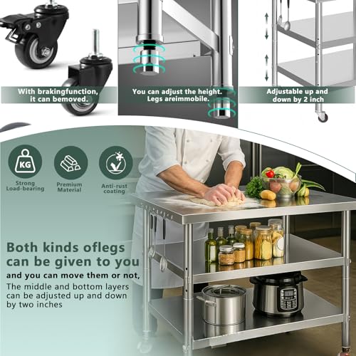 Image of Stainless Steel Table with Wheels for Food Preparation and Work, Multi-Size Optional, Three-Layer Variable Two-Layer Metal Commercial Workbench Outdoor, Restaurant, Kitchen (44 inch Lx24 Wx34 H)