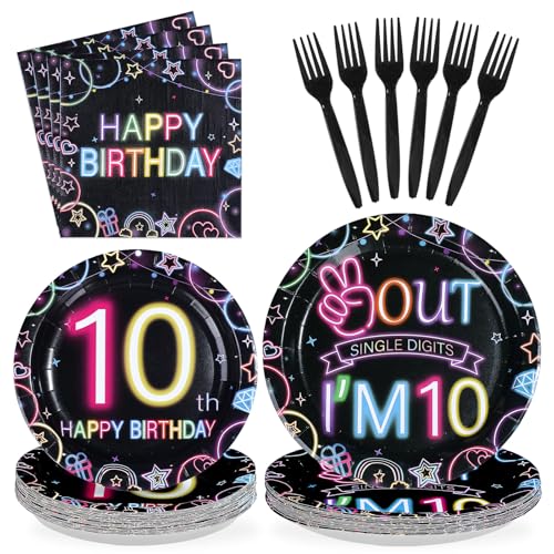 Greencian 96 Pcs Neon 10th Birthday Decorations for Girls Boys Serves 24