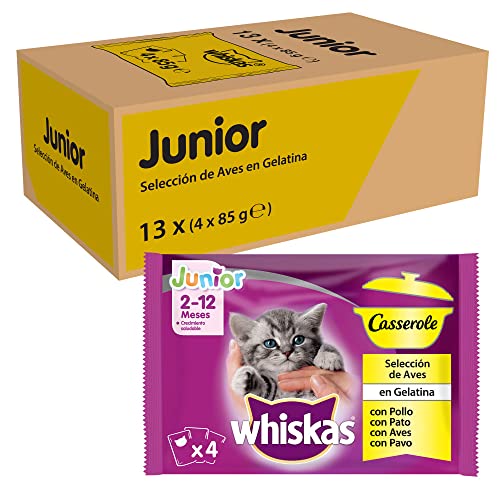 Whiskas Casserole Comida Húmeda para Gatos Junior Selección Aves, MultiPack (13 Cajas x 4 Sobres x 85g) Cover