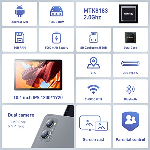 Bqvv Android 12 Tablet 10.1 Inch Ips Hd Tablet Computer 6Gb Ram 128Gb Rom, 8-Core Processor, 5Mp+13Mp Camera, Wifi, Bluetooth, Parental Control, Gps, Us Version, Dual Speakers #TOP1