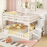 Giantex Full Over Full Bunk Bed with Stairs, Solid Wood Floor Bunk Bed with Storage Staircase & Full-Length Guardrails, Low Bunk Bed with for Kids, Teens, Adults, Dorm, Small Space, White