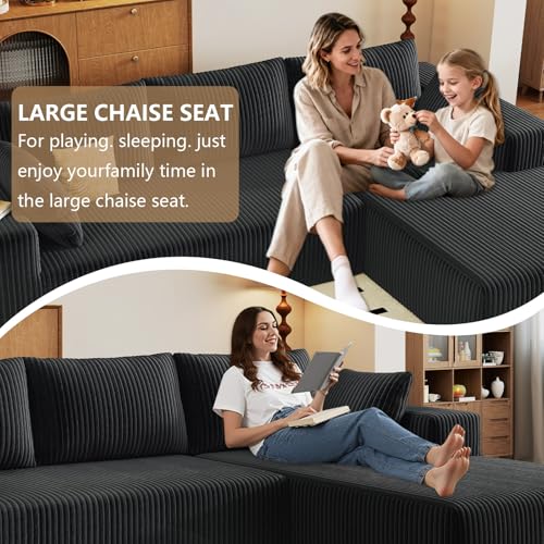 Image of 96 inch Modular Sectional Couch, Boneless L Shaped Cloud Sofa with Chaise Lounge, Corduroy Upholstered Couches Memory Foam Deep Seat, No Assembly Required, Ideal for Living Room(Black, Right Facing)