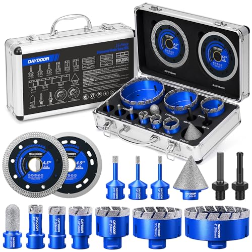 DAYDOOR Diamond Hole Saw Kit, 15-Piece Tile Hole Saw Kit 1-4 5-16 4-5 1 1-3-8 2 3 4,Vacuum Brazed Core Drill Bits for Porcelain Tile, Granite, Marble, Stone(Blue)