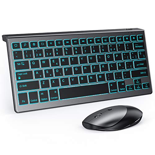 Jelly Comb ワイヤレスキーボードとマウスのコンボ、Bluetooth バックライト付き充電式キーボード、iPad 5/6/7/8 世代、iPad Air 4/3/2/1、iPad Pro 12.9、iPad Mini および iPhone 用、スペイン語、グレー