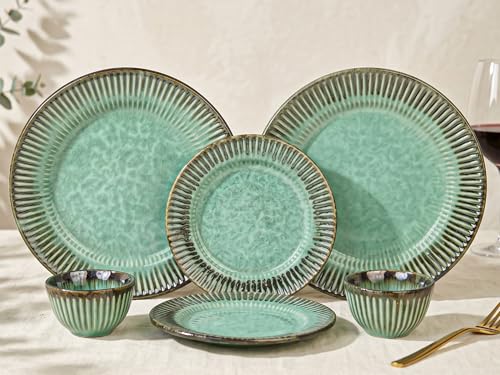Image of Bodhi House Premium 6-Piece Stoneware Dinner Set Serving for 2 - Handcrafted Ceramic Plates, Bowls & Serving Bowls | Microwave & Dishwasher Safe | Elegant Modern Tableware Crockery Turquoise Green