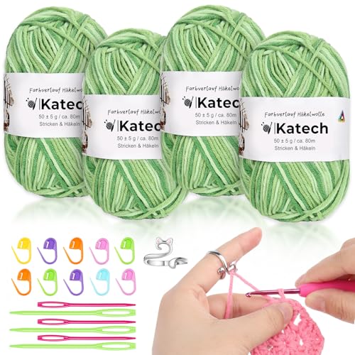 Katech 4x50g(200g) Mehrfarbige Häkelgarn, Baumwolle zum Häkeln, Häkelwolle Set mit Häkelring, Strickgarn Wolle zum Stricken von Mützen/Schal/Socken/Kinderkleidung, Farbverlauf Garn Grün