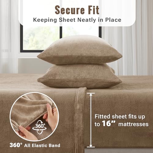 Image of True North by Sleep Philosophy Plush Sheet Set Queen, Solid Color, Warm & Soft Bedding Queen Size Sheets, Fitted Pocket Fits Up to 16 inch Mattress, Soloft, Queen Taupe 4 Piece