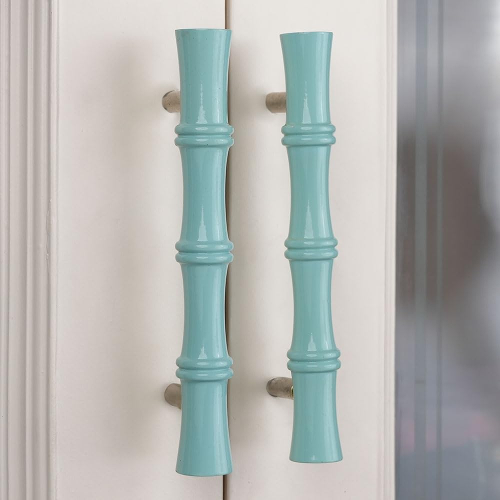 Indian-Shelf Pack of 2 Turquoise Decorative Wood Drawer Pulls Boho Wooden Cabinet Unique Bamboo Handle T Bar Handles Dresser Door Handles Interior - 7 Inch-image-45