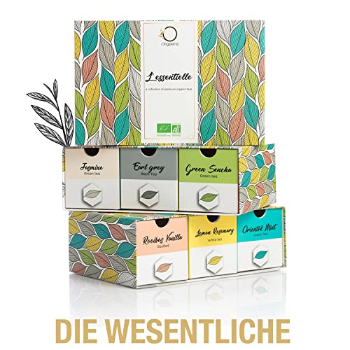 Bio Tee Geschenkset - Premium Tee Set, Natürliche Aromen, 6 Teesorten, 48 Teebeutel - Tee Geschenk Idee - Jasmintee, Minze Grüntee, Sencha Grüner Tee, Vanille Rooibos, Rosmarin Weißer Tee, Earl Grey