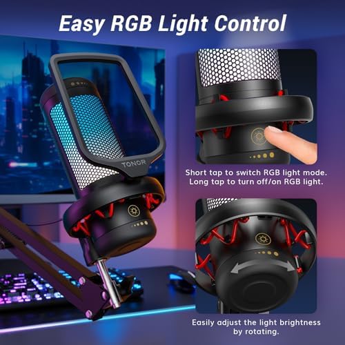 Mikrofon USB do gier TONOR TC310+ z regulowanymi trybami RGB i jasnością, idealny do strumieniowego nagrywania podcastów, studia nagraniowego na YouTube. Kompatybilny z komputerem, laptopem, Maciem