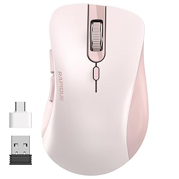 RAPIQUE Wireless Mouse, 2.4G Silent Computer Mice with USB Receiver & Type-C Adapter, Portable Mobile Optical Cordless Mouse for Laptop, PC, Desktop, MacBook, 3 DPI Adjustment Levels (Pink)