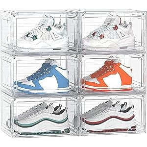 AZIEBAYシューズボックス 6個セット 大容量収納 磁石扉付き 透明スニーカーボックス 靴・小物・化粧品整理 玄関・寝室用 男女兼用 積み重ね可能 組立簡単 安定設計 （具体的な製品寸法については寸法図をご参照ください） [並行輸入品]