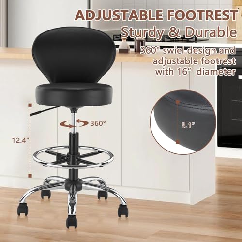 Image of KLASIKA Leather Drafting Stool Chair Padded Seat 360 Swivel Rolling Stools Adjustable Height with Ergonomic Backrest and Footrest, Tall Office Chair for Standing Desk, Studio, Labs, Reception, Black