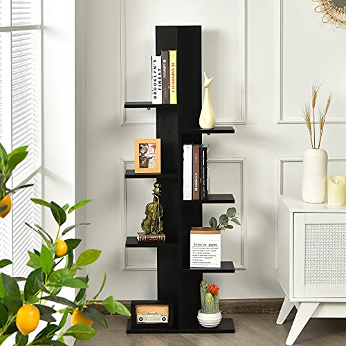 Tangkula 8 Shelf Bookshelf, Wooden Tree Bookcase With 8 Book Shelf, 20”L X 8”W X 55.5”H, Freestanding 8 Tier Storage Display Shelf With Anti-Toppling, Corner Shelf For Living Room Home Office (Black) #TOP1
