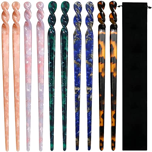 10 Pieces Acetate Hair Sticks Leopard Print Hair Pins Tortoise Shell Hairpin Vintage Hair Chopsticks Retro Hairpins Disk Hair Accessories for Women Girls (Elegant)