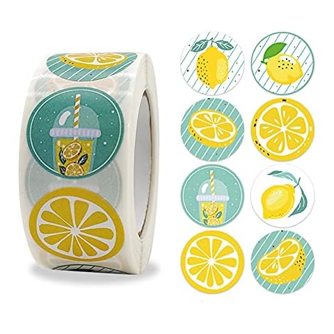 500pcs 1 Inch Lemon Stickers Roll for Envelope Seals 8 Different Design Sticker for Business Card Candy Cookie Bag Gift Party Favours Decorations Cover