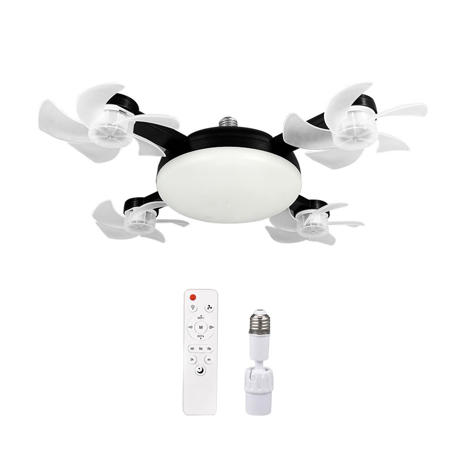 Ceiling Fan with Light and Remote Control, Foldable Blade Silent LED Fan Light, E27 Socket Fitting, 3-Speed Dimmable Lamp for Bedroom Kitchen, 40-60cm Adjustable Black 4pcs C