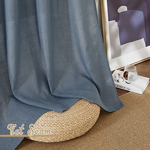 NICETOWN Linen Blend Stone Blue Curtains for Living Room, Grommet Flax Burlap Drapes Semi Sheer Privacy with Light Filtering Window Treatments for Bedroom, W52 x L84, 2 Panels