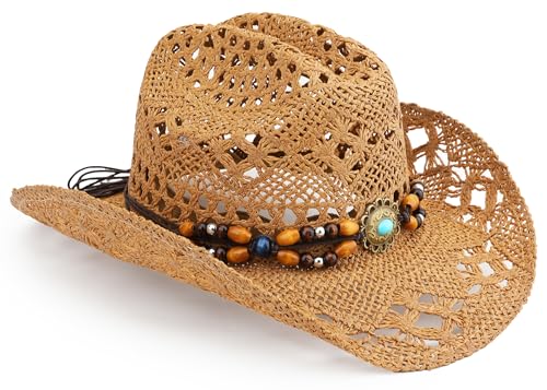 Image of Straw Cowboy Hat, Western Cowgirl Hat, Wide Brim Sun Beach Hat for Men and Women