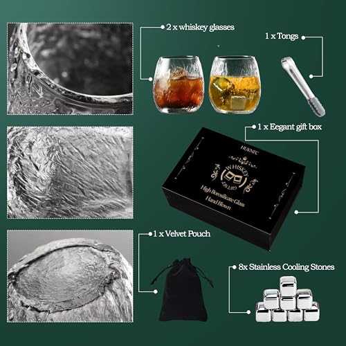 HUKNFC Hand Blown Whiskey Glass Set – Premium Borosilicate Glass Old Fashioned Glasses with Metal Ice Cubes, Tongs & Gift Box – Perfect for Whiskey, Water, Milk, Wine,Beer,Juice & Cocktails — view 5