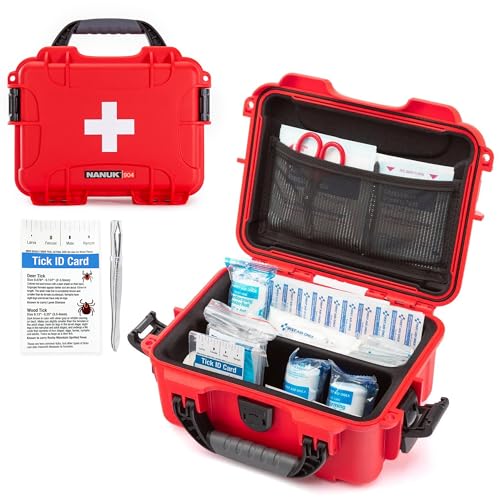 Image of NANUK 904 Waterproof First Aid Kit 110pcs - Durable, Pre-Stocked First Aid Emergency Kit with Bandages, Tick Removal Tool, and More - Dustproof, Impact-Resistant, Floats (10.2 inch x 7.9 inch x 4.5 inch) - Red