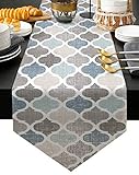 Camino de mesa marroquí, 120 pulgadas de largo, geométrico marroquí, bufanda de tocador, decoración de mesa de comedor, mesa de centro, granja, vacaciones, azul gris, caqui, cuadrifolio, decoración de