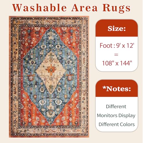 SERISSA Washable Rugs 9x12 Area Rugs, Large Non-Slip Boho Living Room Rug, Ultra Soft Vintage Print Distressed Oriental Tribal Farmhouse Carpet for Dining Room Bedroom Dorm Office Home Decor