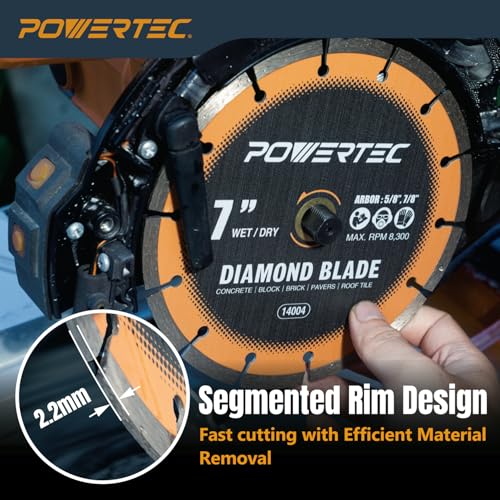 Image of POWERTEC 7 inch Segmented Diamond Saw Blades for Wet Tile Saw, Diamond Blade for Cutting Concrete, Block, Brick, Pavers, Roofing Tile, 7 inch Diamond Blades for Wet /Dry Cutting, 1 Pack (14004)
