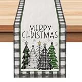 ARKENY Tischläufer 'Merry Christmas', 33 x 183 cm, grüner Weihnachtsbaum, winterlich, Sackleinen, Aquarell, Büffel, kariert, Bauernhaus, Innen- und Außenbereich, Tischdekoration für Zuhause, Party