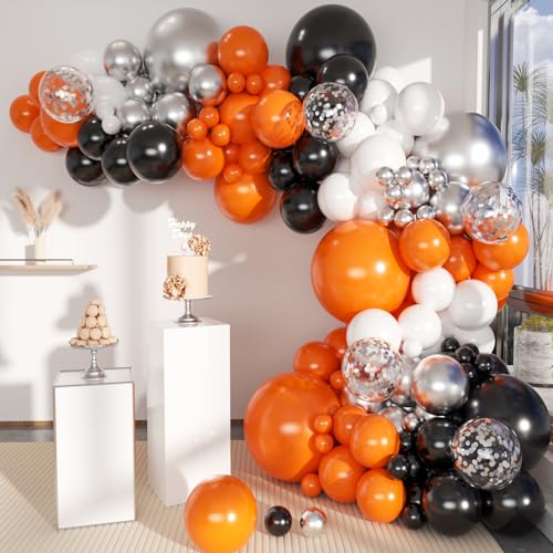 Image of MEBAY Orange Black White and Metallic Silver Balloons Garland Arch Kit, 146 Pcs Latex Balloons with Confetti for Birthday Party Graduation Father's Day Anniversary Bachelorette Party Decoration