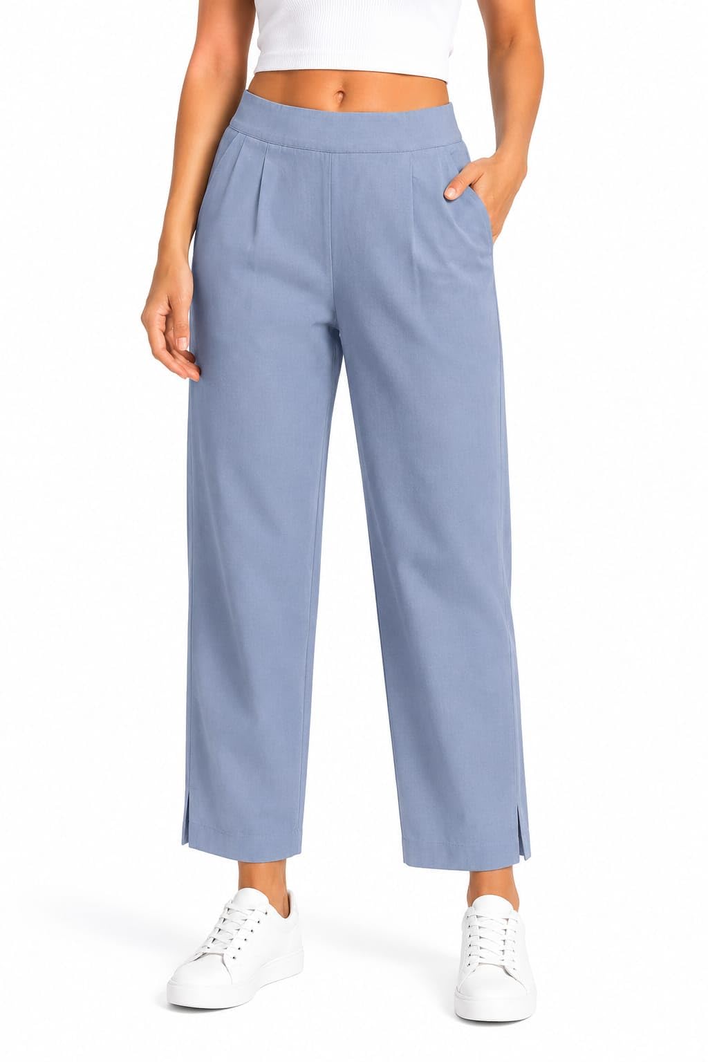 Women's Solid Straight Fit 100% Cotton Trousers | High Waist Pants, Side Pockets, Ankle Length Pants for Office, Casual-picture-15