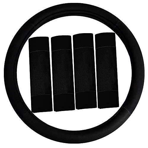 Image of FH Group Universal Fit Modernistic and Seat Belt Pads Combo Set Steering Wheel Cover Fits Most Cars, SUVs Black