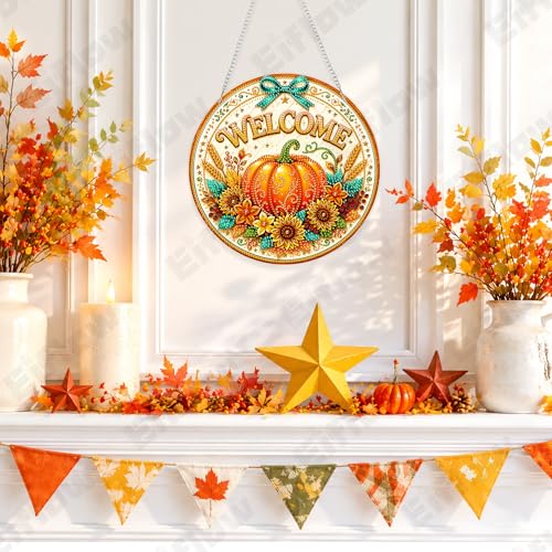 Eiflow Hanging Diamond Art Pumpkin Kit for Adults Fall DIY Acrylic Diamonds Craft Painting Ornament Kit Welcome Sign, Special Crystal Diamond Art Painting Window Wall Door Hanging Pendant by Eiflow - Used condition - Image 3