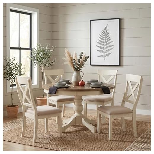 Roundhill Furniture Prato 5-Piece Round Dining Table Set with Cross Back Chairs, Antique White and Distressed Oak