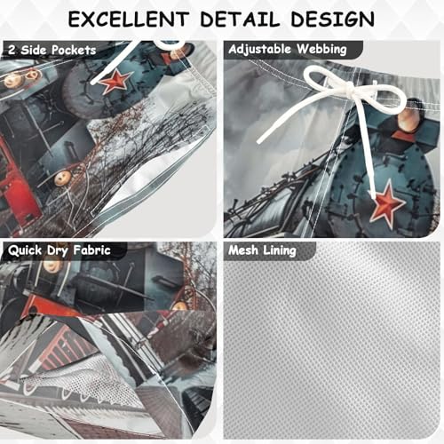 Pigsaly Boys Swim Trunks 3D Old Black Soviet Steam Train Boys Board Shorts Swimsuit Swimwear Summer Bathing Suit 5T3