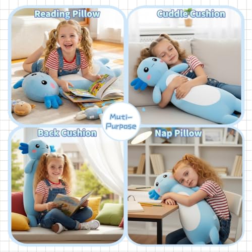 Kekeso Langes Axolotl Salamander-Plüschkissen, weiches Axolotl-Plüschtier für Jungen und Mädchen, Geschenke zu Weihnachten(Blau, 65cm)