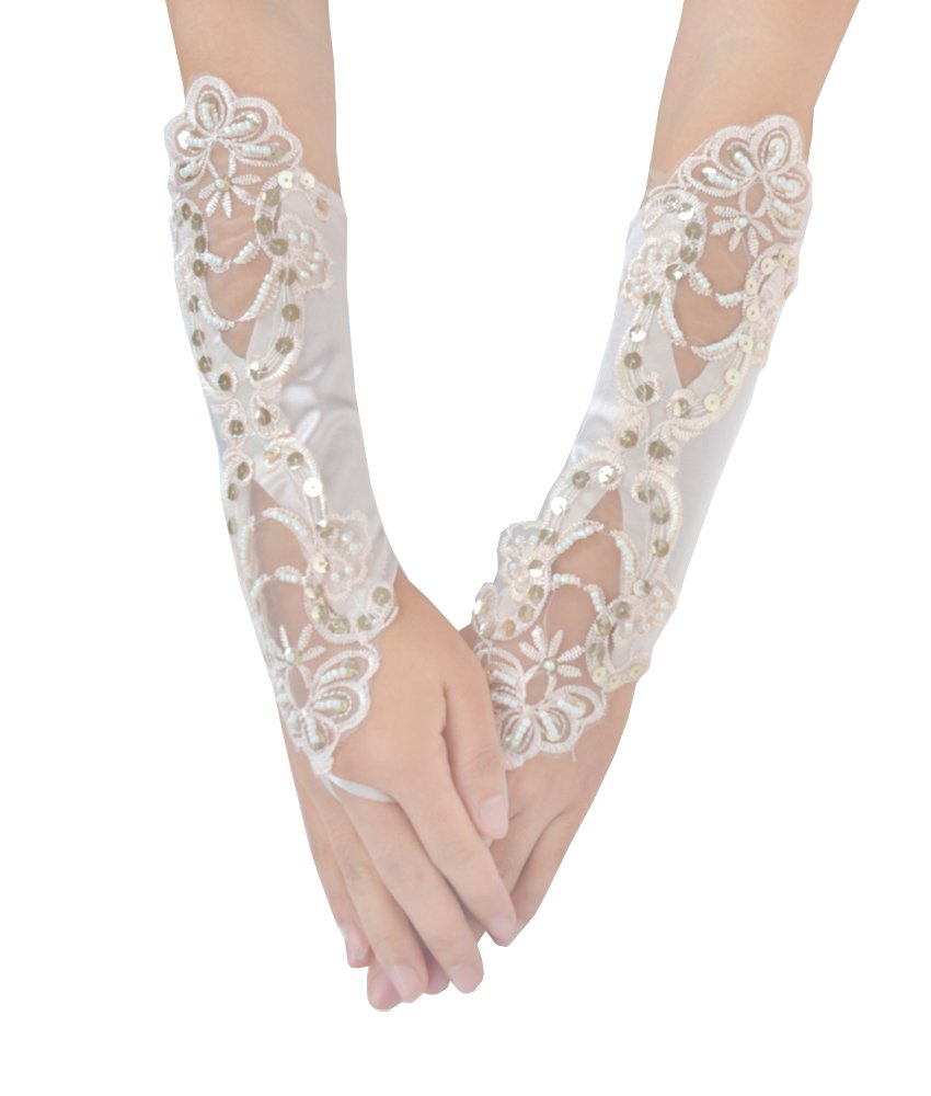 Jisen Women's Champagne Fingerless Satin 1920S Gloves Banquet Party Elegant Lace Embroidered Bridal Mittens 11 Inch, One Size
