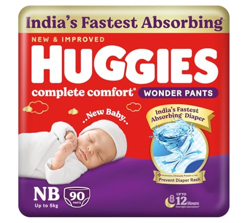 Complete Comfort Wonder Pants | Pant Style Baby Diapers Newborn Size (NB/XS), 90 Count | India's Fastest Absorbing Diaper, Prevents Diaper Rash, Ideal