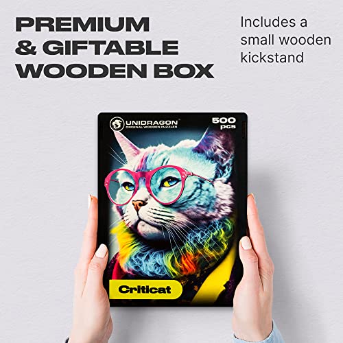 UNIDRAGON Criticat Animal Wooden Jigsaw Puzzle for Adults - 500 Unique Shaped Pieces - Pop Art Cat - 16.9 x11.4 in (43 x 29 cm) - Image 4