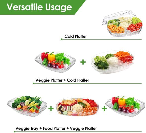 Fruit Ice Serving Tray Chilled Veggie Tray Shrimp Cocktail Serving Dish Appetizer Party Serving Platter Cold Food Buffet Server with Lid and 4 Compartments 3 Tongs 10 Sporks