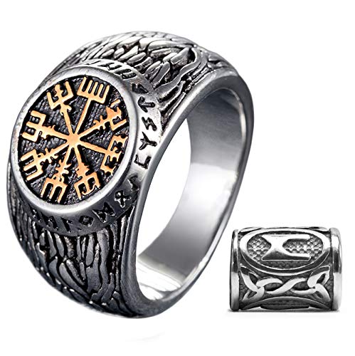 Gungneer Viking Compass Vegivisir Mens Rings Stainless Steel Viking Jewelry Men, Cool Viking Rings for Men, Viking Beard Beads Gift