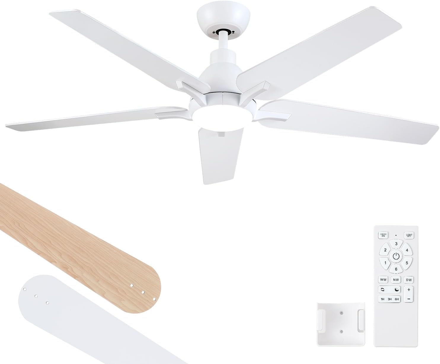 52 Inch Ceiling Fans with Lights: White Ceiling Fan 5 Blades Ceiling Fan with Light and Remote for Bedroom Living Room Dining Room Patio - Dimmable 6 Speeds Reversible Quiet DC Motor